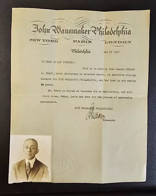 1917 Howard Kratz Photo Employment Verification ID Letter John Wanamaker PA • $34.30