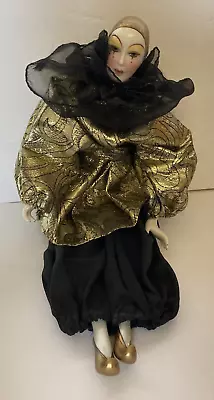 Vtg Perriot Jester Mardi Gras Harlequin Porcelain Doll 16”  Gold & Black • $24.99