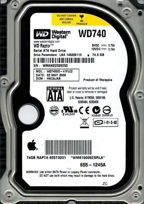 Western Digital Raptor 74gb Wd740gd-41flc2 Dcm Hbcajab Mac: 655-1245a • $174.81