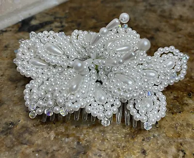 Hair Comb Bride Tiara Crown Headpiece Vintage 1990 Faux Pearl Flowers Sz 4.5” • $20