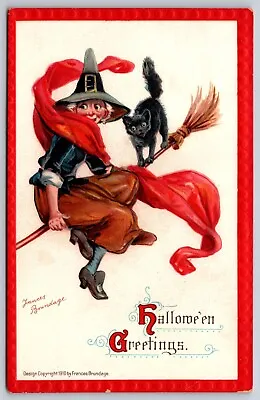 Halloween Antique Postcard By Francis Brundage Series 120 Of Witch Cat On Broom • £57.90