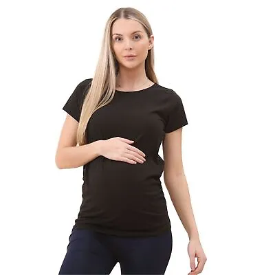 New Womens MATERNITY T SHIRT Soft Plain Cotton Pregnancy Black Top Round Neck UK • £6.99