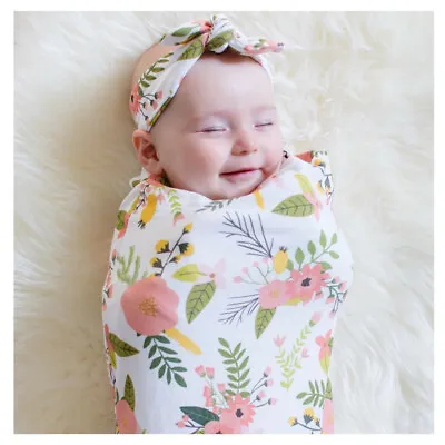 Baby Swaddle Wrap Blanket All In 1 Cotton Free Headband Floral Pineapple Designs • £3.99