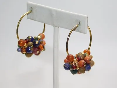 A862-vintage Pierced Earrings~gold Tone Hoops/beads~pretty!~1.25  Wide • $7