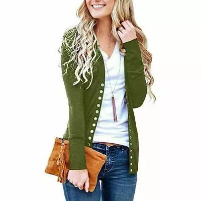 Womens  Cut V-Neck Long Low Sleeve Knit Snap Button Down Cardigan Sweater Tops • $18.95