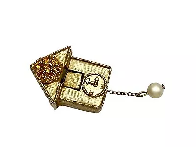 Vintage Avon Cuckoo Clock Rhinestone Pin Gold Tone Articulating Brooch W Chain • $14