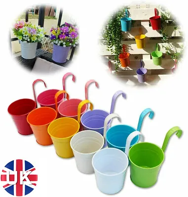 Set 10 Metal Flower Pot Colour Balcony Garden Wall Fence Hanging Plant Planter • £9.88