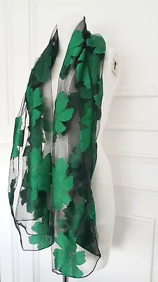 Ladies Green Black Flower Print  Embroidered Womans Long Sheer Neck Dress Scarf  • £19.99