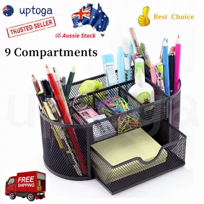 Mesh Office Supplies Desk Organizer Pen Holder Caddy With Drawer 9 Compartments • $18.78