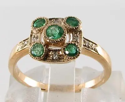 Dainty 9k 9ct Gold Colombian Emerald Diamond Art Deco Ins Ring Free Resize • £299