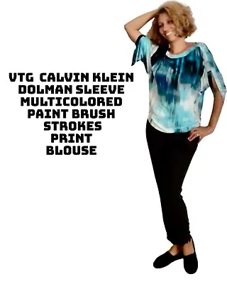 VTG  Calvin Klein  Dolman Sleeve Multicolored￼ Paint Brush Strokes Print Blouse • $7.99