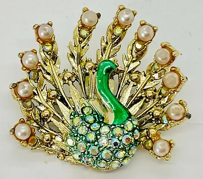 Vintage Brooch - Gold Tone & Rhinestone & Pearly Peacock Pin • $19