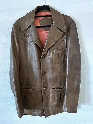 Rare Caramel Brown 60/70s VINTAGE LeatherCraft Elvis JACKET TRENCH COAT 42 Long • $45