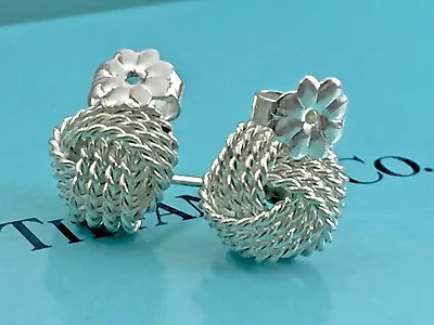 $225 • Buy  Tiffany & Co. Silver Twist Love Knot Woven Mesh Stud Earrings Gift Pouch  2112J