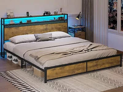 King Size Bed Frame W/LED Light Metal Platform Bed Frame W/Storage Headboard • $189.99