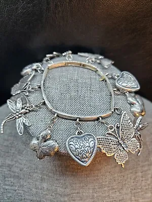 Vintage Silver Tone Heart Dragon/Butterfly Charm Stretchable Bracelet • $11.99