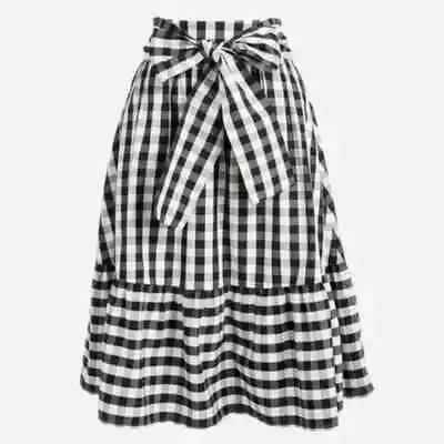 J. Crew Size 4 Tie Waist Midi Ruffle Skirt Gingham Plaid Bow Below Knee Black • $35.97