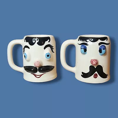 2 Vintage MCM Pfaltzgraff Pottery Muggsy 3D Handmade Large Face Mugs Barware  • $26