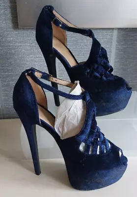 Ladies High Wedge & High Heel Navy Velvet Shoes Size 5 • £3