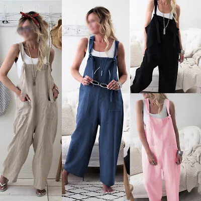 £12.27 • Buy Women Solid Harem Dungarees Overalls Casual Loose Cotton Linen Jumpsuit Trousers