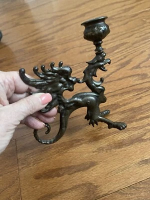 $23 • Buy Single Vintage Griffin Winged Dragon Cast Iron Candle Holder Gryphon ~5.5x5.5”