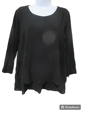 Sz L Michael Kors LAYERED CHIFFON FRONT Tunic 3/4 Sleeve Stretch Top Black • $13.86