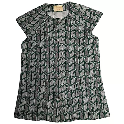 Vtg 1970s Handmade Gray Green Branch Patterned Button Up Pocket Smock Top M • $49