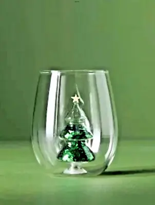 Anthropologie Yuletide Stemless Wine Glass Christmas Tree Cup Mug Green Glitter • £33.83