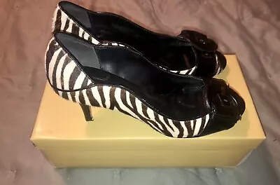 MAX STUDIO WOMEN'S Calf Hair Animal Print Peep KITTEN HEELS SHOES  Size 8.5 • £17.84