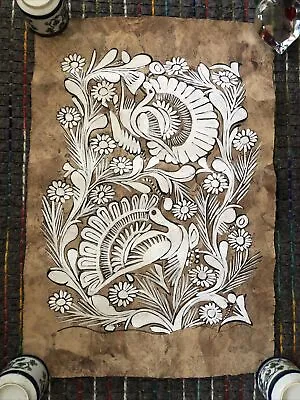 Mexican Amate Folk Art Bark Painting White 23.75  X 16.5 Birds Flowers • $25