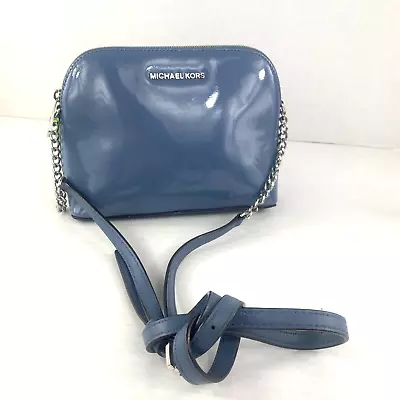 Michael Kors Crossbody Bag Cindy Large Dome Blue Patent Leather Zip  B2I • $59.99
