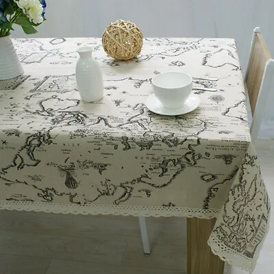 $13.39 • Buy Map Pattern Cotton Linen Tablecloth Rectangle Dining Table Cloth Cover Kitchen