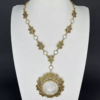 Vintage Goldette Intaglio Necklace Clear Glass Crystal Bezel Cupid Eros Cameo • $74.99