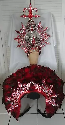 Vtg Vegas Showgirl Silver/Red Sequin & Feather Headdress+Collar & Mannequin Head • $499.99