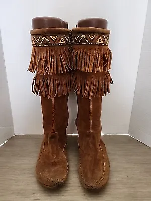Minnetonka Womens Moccasin Boots Shoes Flats Suede Fringe Brown Size US 6 • £24.33