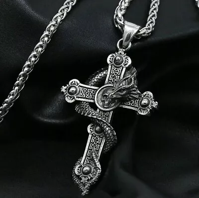 Gothic Mens Dragon Skull Cross Pendant Necklace Stainless Steel Chain Jewelry • £7.89