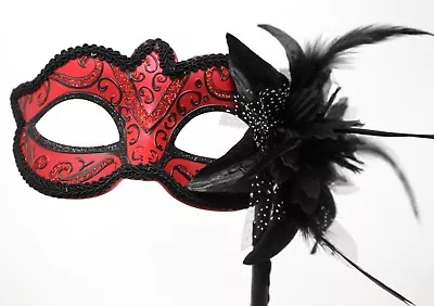 Stunning Black & Red Venetian Masquerade Party Ball Carnival Mask Hand Stick • £16.99
