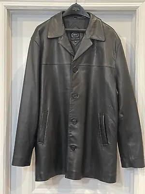 Vintage 90s Ecko Unltd Black Leather Lamskin Insulated Trench Coat Mens XL • $107.99