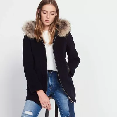 Sandro Black Zip Up Winter Wool Coat With Real Fur Hood 40 12 • $31.58