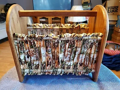 SOLID OAK MAGAZINE RACK 16 L X 8.50 D X 15.5 T Sides Are Fabric W/ Wild Animals • $30