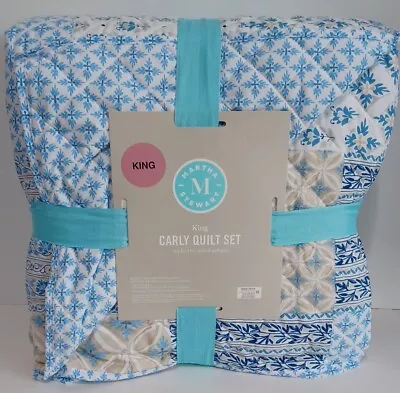 Martha Stewart Home Carly King Quilt Set 3 Pc White With Beautiful Blue White • $69.99