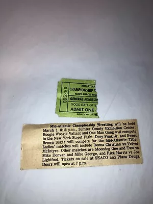 Original 1980's NWA Mid-Atlantic Wrestling Ticket Stub W/ Newspaper Clipping WWE • $29.99