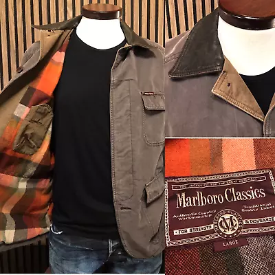 Marlboro Classics L Jacket Field Coat Green Brown Plaid Vtg Cargo Overcoat • $124.95