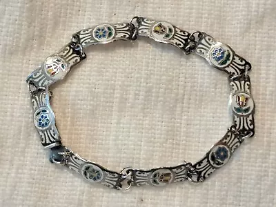 Vintage Sterling Silver Enameled Flower Panel Link Bracelet • $24.99