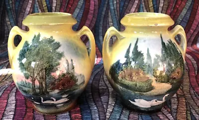 Pair Of 4” Antique Vases Depicting Lake Scenes With White Swans • £6