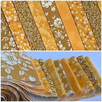 10 100% Cotton Fabric Strips 2.5” X 42” Jelly Roll Quilting Floral Ochre Gold • £6.50