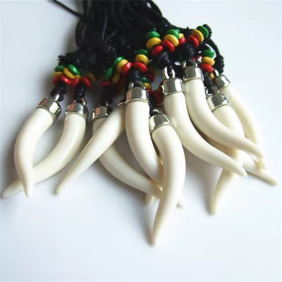 $11.99 • Buy 12PCS White Faux  Long Teeth Tooth Pendant With Rasta Wood Bead Necklace
