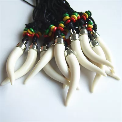 12PCS White Faux  Long Teeth Tooth Pendant With Rasta Wood Bead Necklace • $11.99