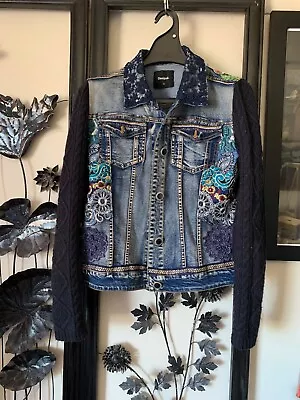 Desigual Ladies Designer Denim Jacket Size 44 Lace Detail Knitted Sleeves  • $75