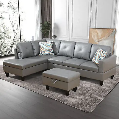 L-Shaped Sectional Sofa Set PU Leather Couch Modern Living Room Dark Grey Left • $681.41